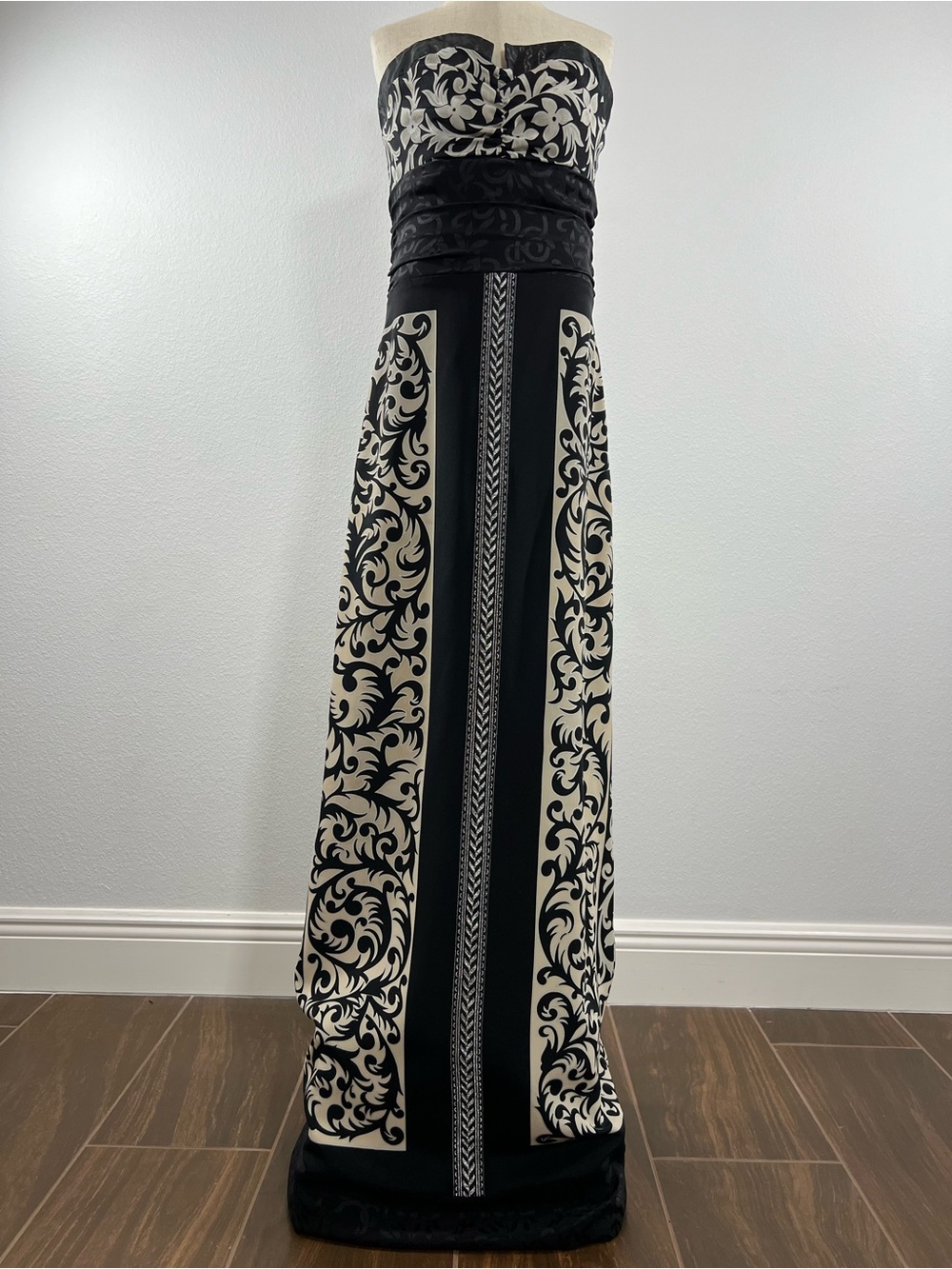 Nicole Miller Strapless Maxi Dress in Black and Cream Baroque Print